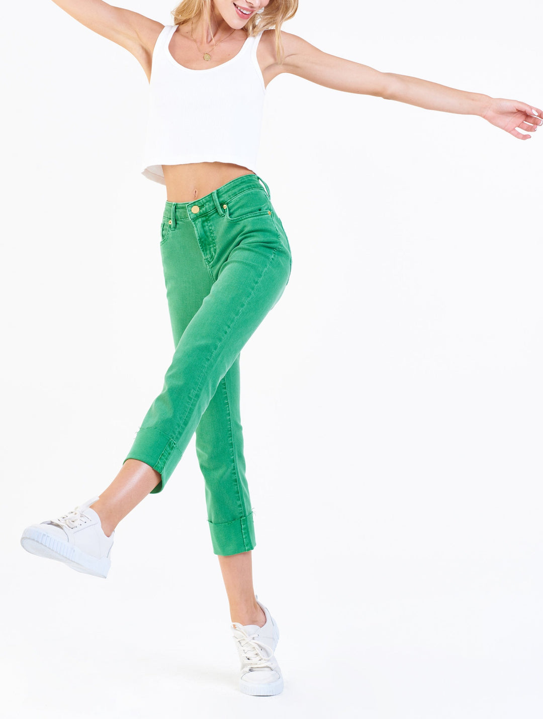 image of a female model wearing a BLAIRE HIGH RISE CUFFED SLIM STRAIGHT JEANS RAIN FOREST JEANS