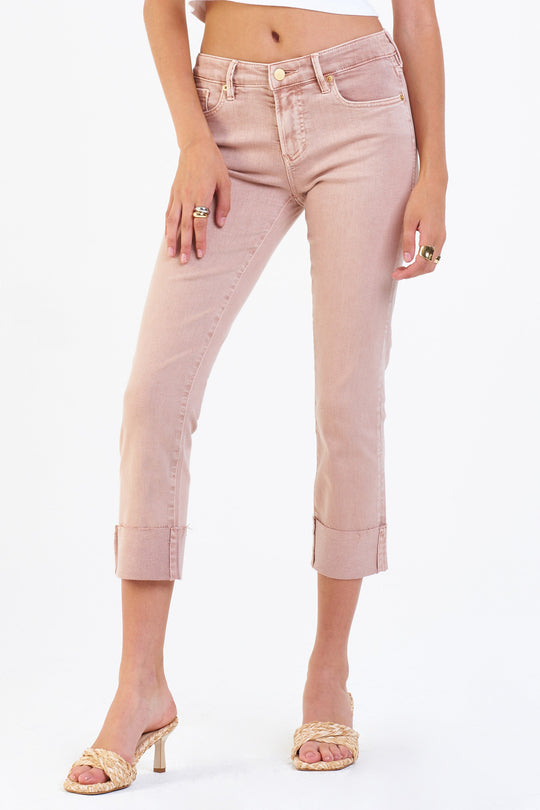 image of a female model wearing a BLAIRE HIGH RISE CUFFED SLIM STRAIGHT JEANS ROSE DUST JEANS
