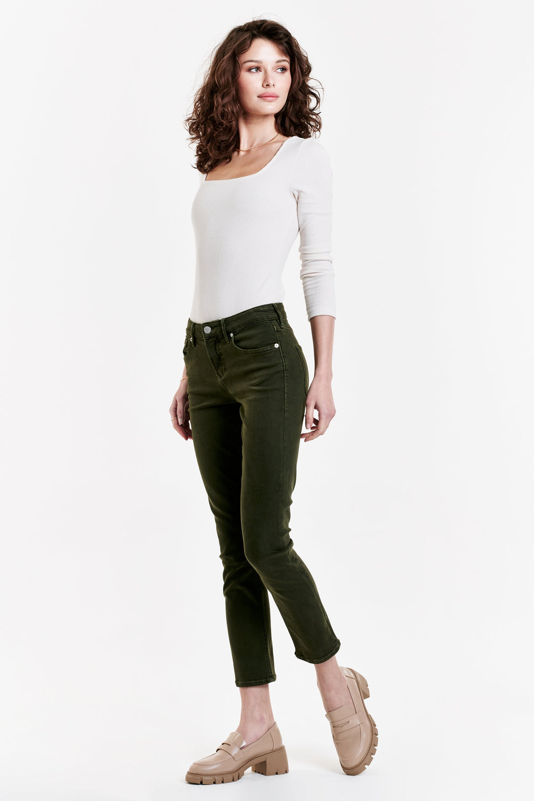 image of a female model wearing a BLAIRE HIGH RISE ANKLE SLIM STRAIGHT JEANS PINE JEANS