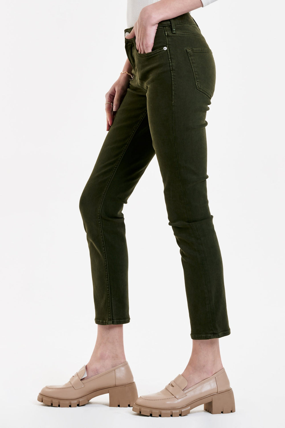 image of a female model wearing a BLAIRE HIGH RISE ANKLE SLIM STRAIGHT JEANS PINE JEANS