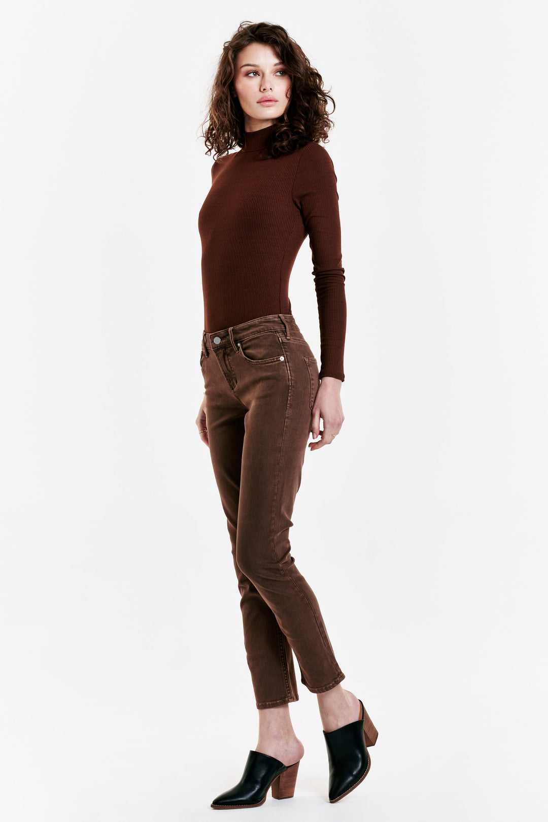 image of a female model wearing a BLAIRE HIGH RISE ANKLE SLIM STRAIGHT JEANS ROOTBEER JEANS
