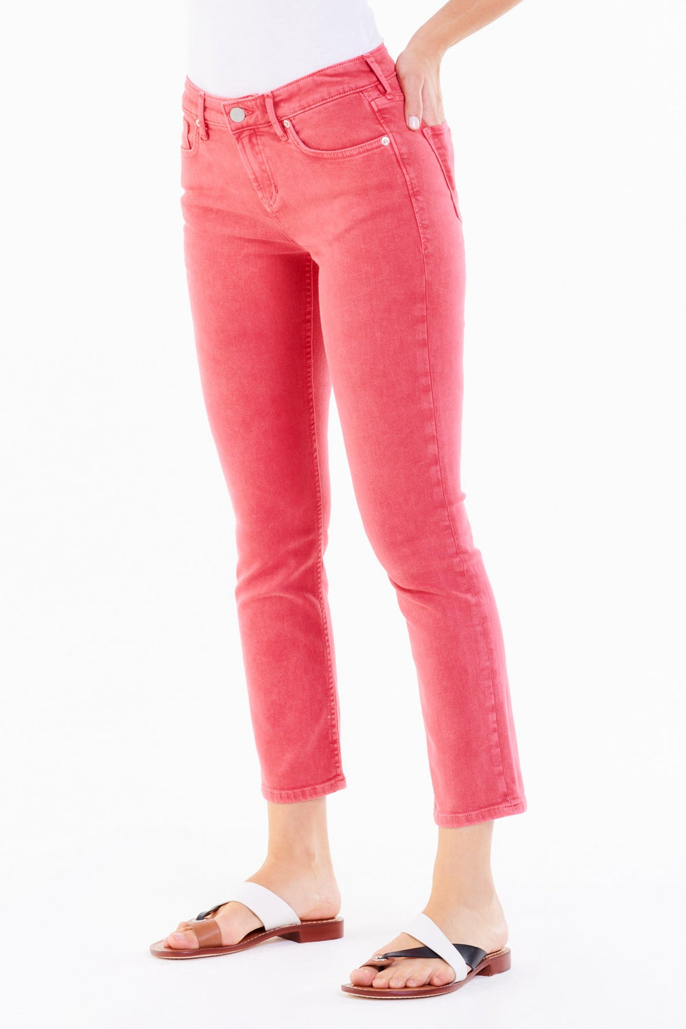 image of a female model wearing a BLAIRE HIGH RISE ANKLE SLIM STRAIGHT LEG JEANS HIBISCUS JEANS