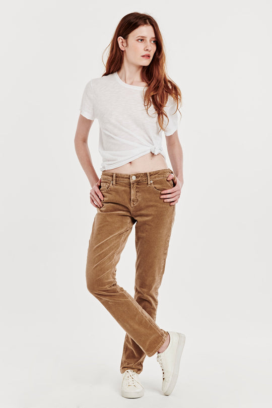 image of a female model wearing a BLAIRE HIGH RISE ANKLE SLIM STRAIGHT CORDUROY PANTS SHELL DEAR JOHN DENIM 