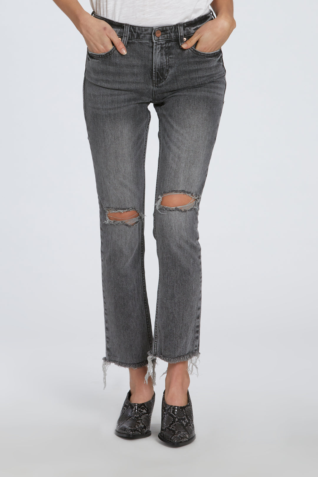 image of a female model wearing a 9 1/2" BLAIRE HIGH RISE SLIM STRAIGHT IN MIDDLEBROOK DEAR JOHN DENIM 