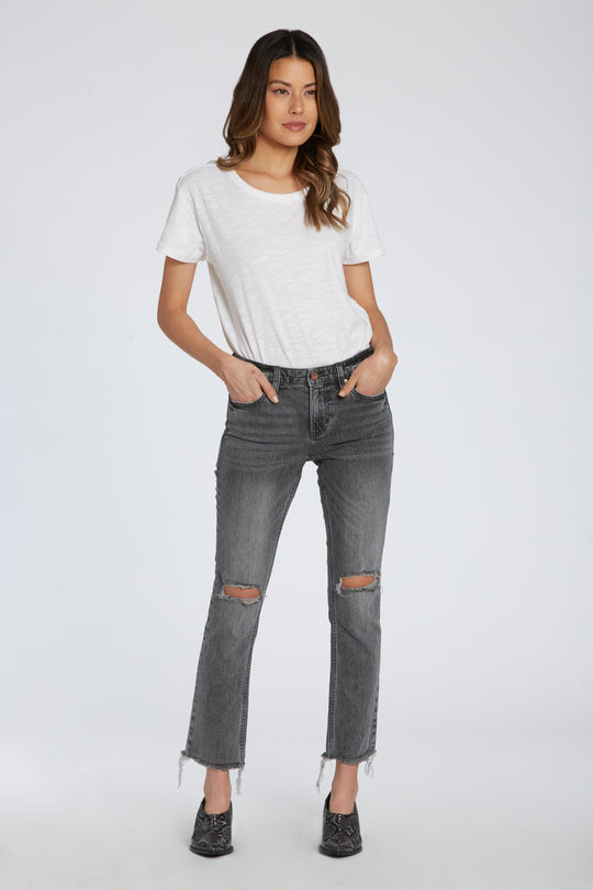 image of a female model wearing a 9 1/2" BLAIRE HIGH RISE SLIM STRAIGHT IN MIDDLEBROOK DEAR JOHN DENIM 