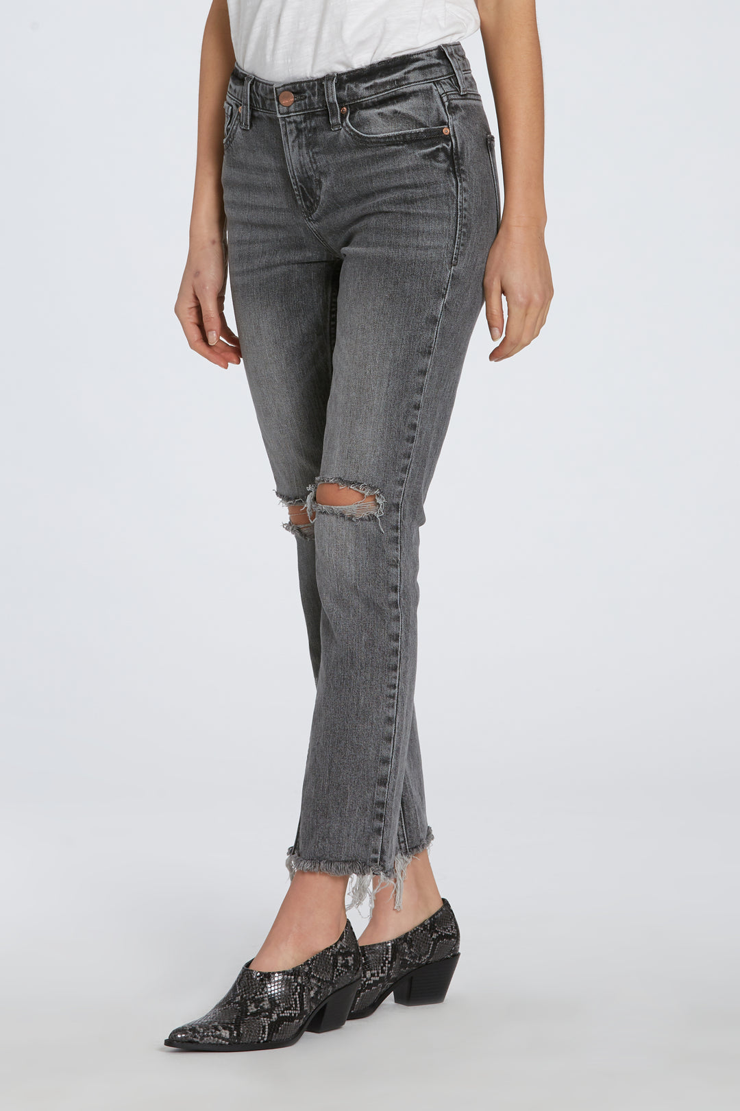 image of a female model wearing a 9 1/2" BLAIRE HIGH RISE SLIM STRAIGHT IN MIDDLEBROOK DEAR JOHN DENIM 