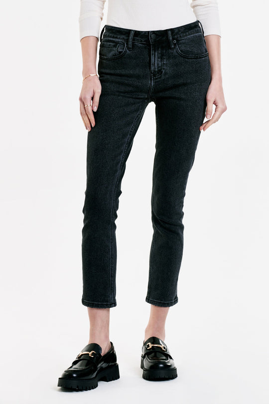 image of a female model wearing a BLAIRE HIGH RISE ANKLE SLIM STRAIGHT JEANS WASHED DOWN BLACK DEAR JOHN DENIM 