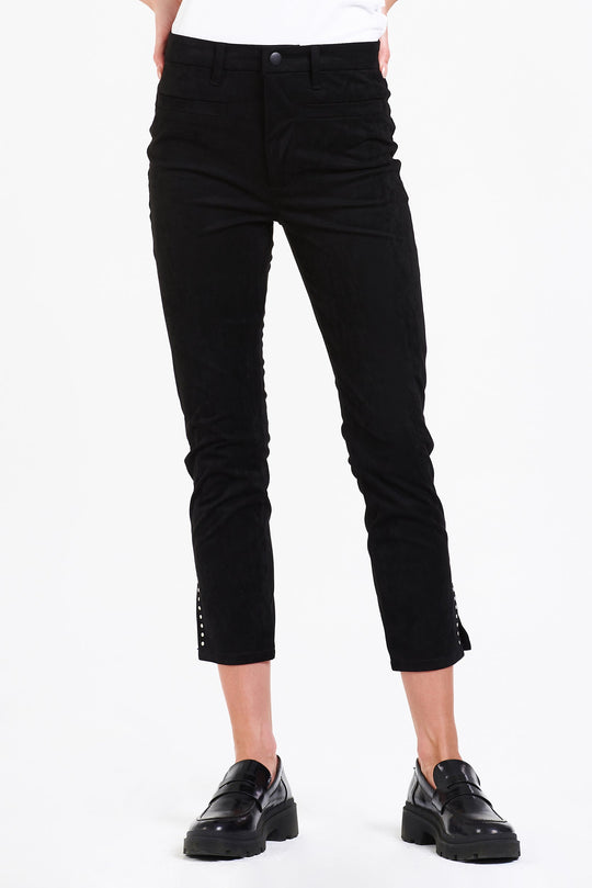 image of a female model wearing a STELLA SUPER HIGH RISE CROPPED SLIM STRAIGHT PANTS BLACK COATED DEAR JOHN DENIM 