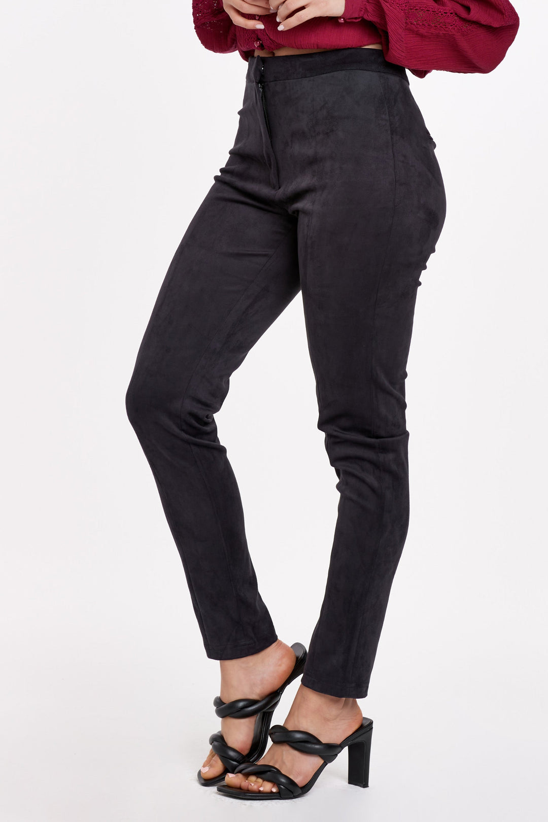 image of a female model wearing a LENON SUPER HIGH RISE SLIM STRAIGHT PANTS BLACK SUEDE DEAR JOHN DENIM 