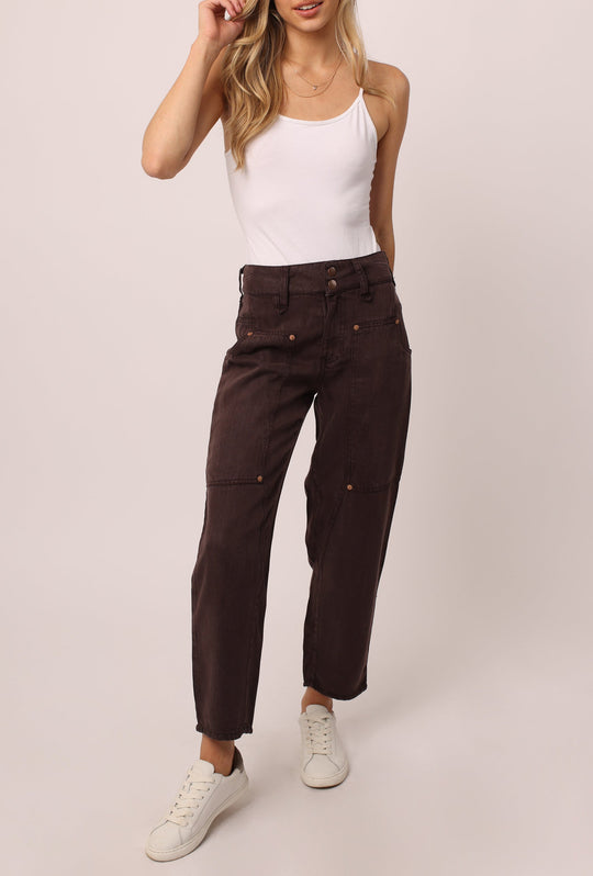 image of a female model wearing a LANI HIGH RISE CROPPED CARGO PANTS DARK OAK PANTS