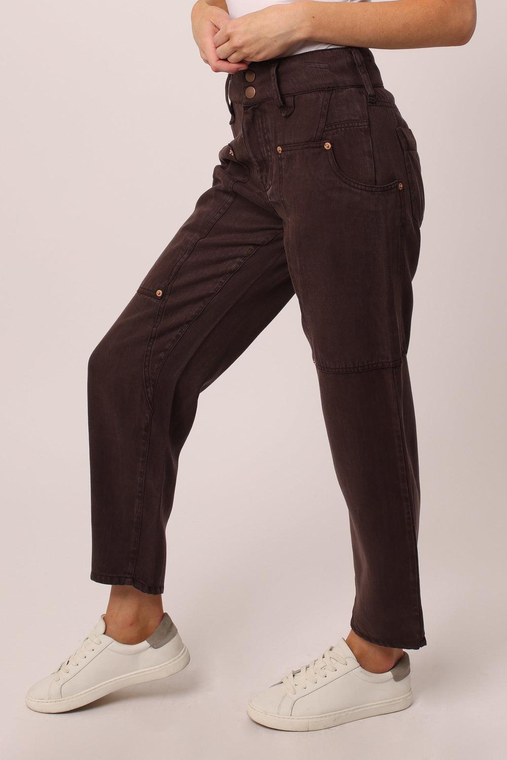 image of a female model wearing a LANI HIGH RISE CROPPED CARGO PANTS DARK OAK DEAR JOHN DENIM 