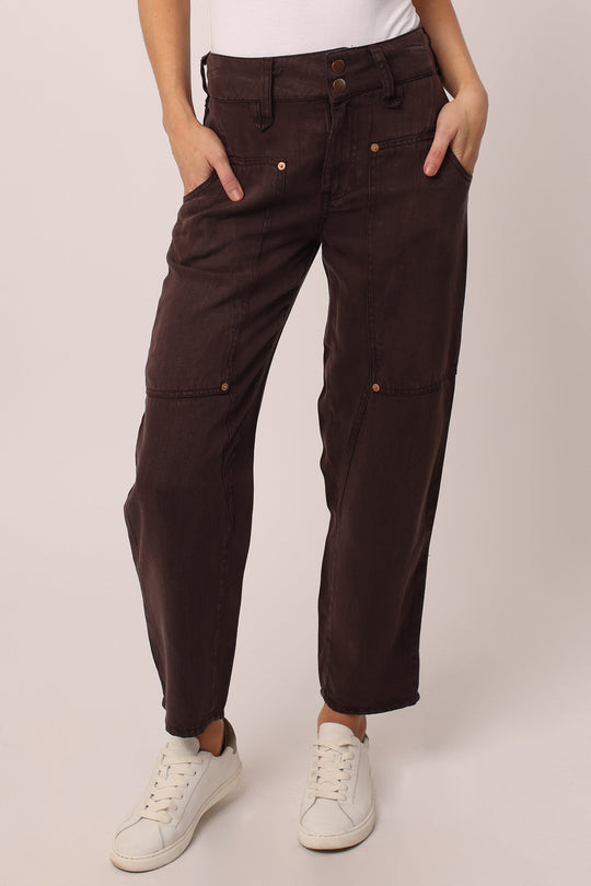 image of a female model wearing a LANI HIGH RISE CROPPED CARGO PANTS DARK OAK PANTS