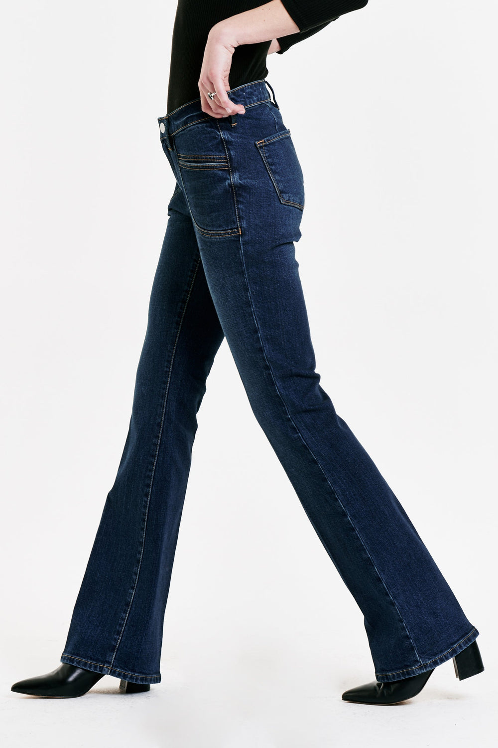 image of a female model wearing a JAXTYN HIGH RISE BOOTCUT JEANS GRAYBAY DEAR JOHN DENIM 