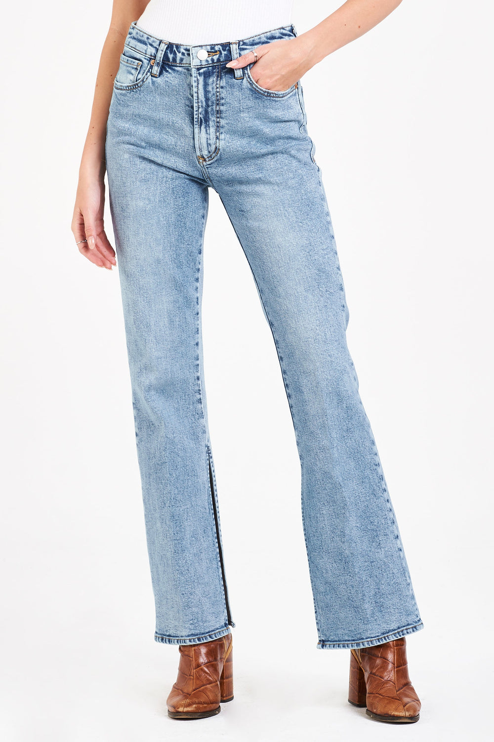 image of a female model wearing a PARIS SUPER HIGH RISE BOOTCUT JEANS TOPANGA DEAR JOHN DENIM 