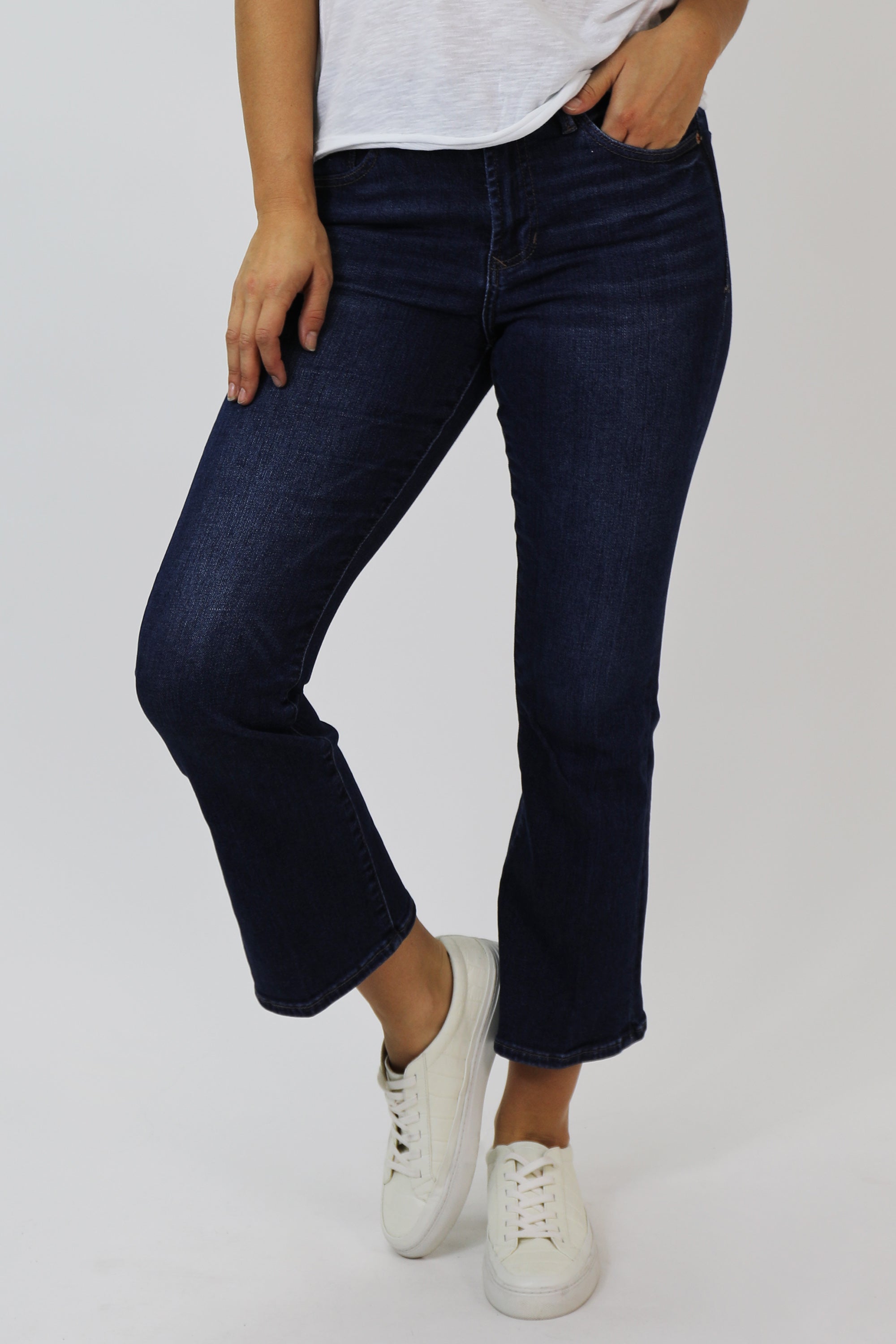 image of a female model wearing a JEANNE SUPER HIGH RISE CROPPED FLARE JEANS RICHMOND DEAR JOHN DENIM 