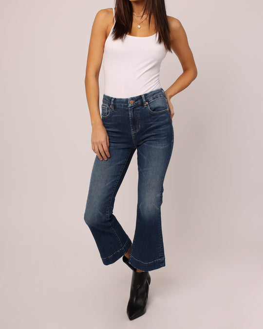 image of a female model wearing a JEANNE SUPER HIGH RISE FLARE JEANS SONOMA JEANS