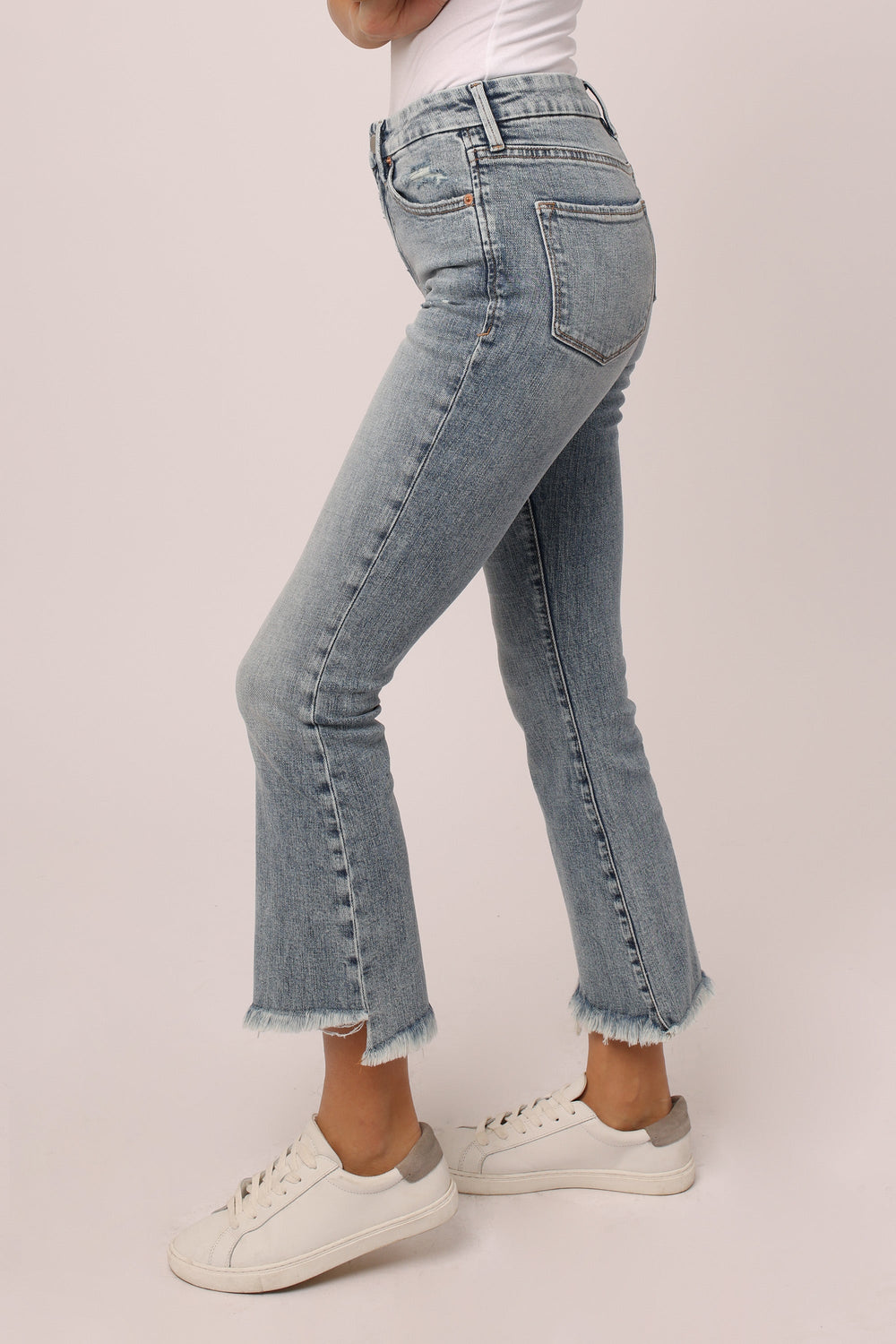 image of a female model wearing a JEANNE SUPER HIGH RISE CROPPED FLARE LEG JEANS VENTURA JEANS