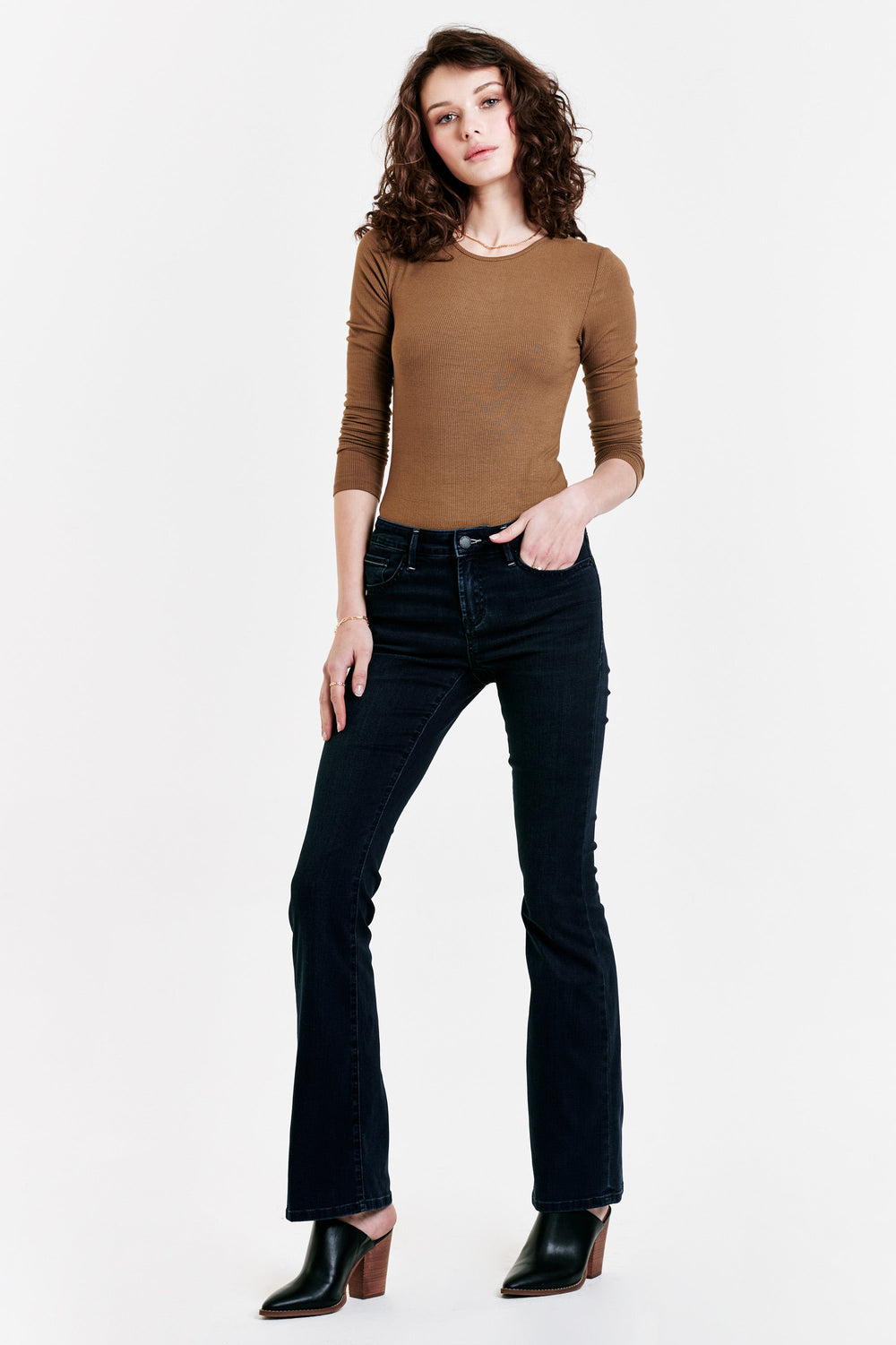 image of a female model wearing a JAXTYN HIGH RISE BOOTCUT JEANS ROSELLE DEAR JOHN DENIM 