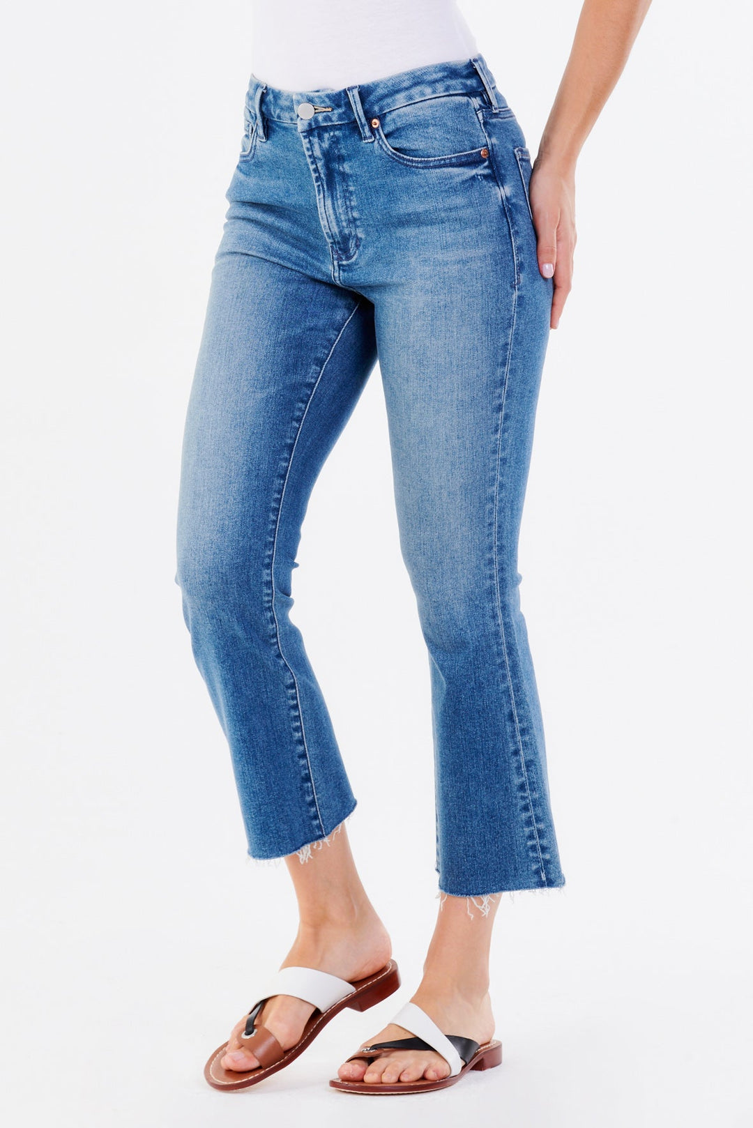 image of a female model wearing a JEANNE SUPER HIGH RISE CROPPED FLARE JEANS ESCAPE JEANS