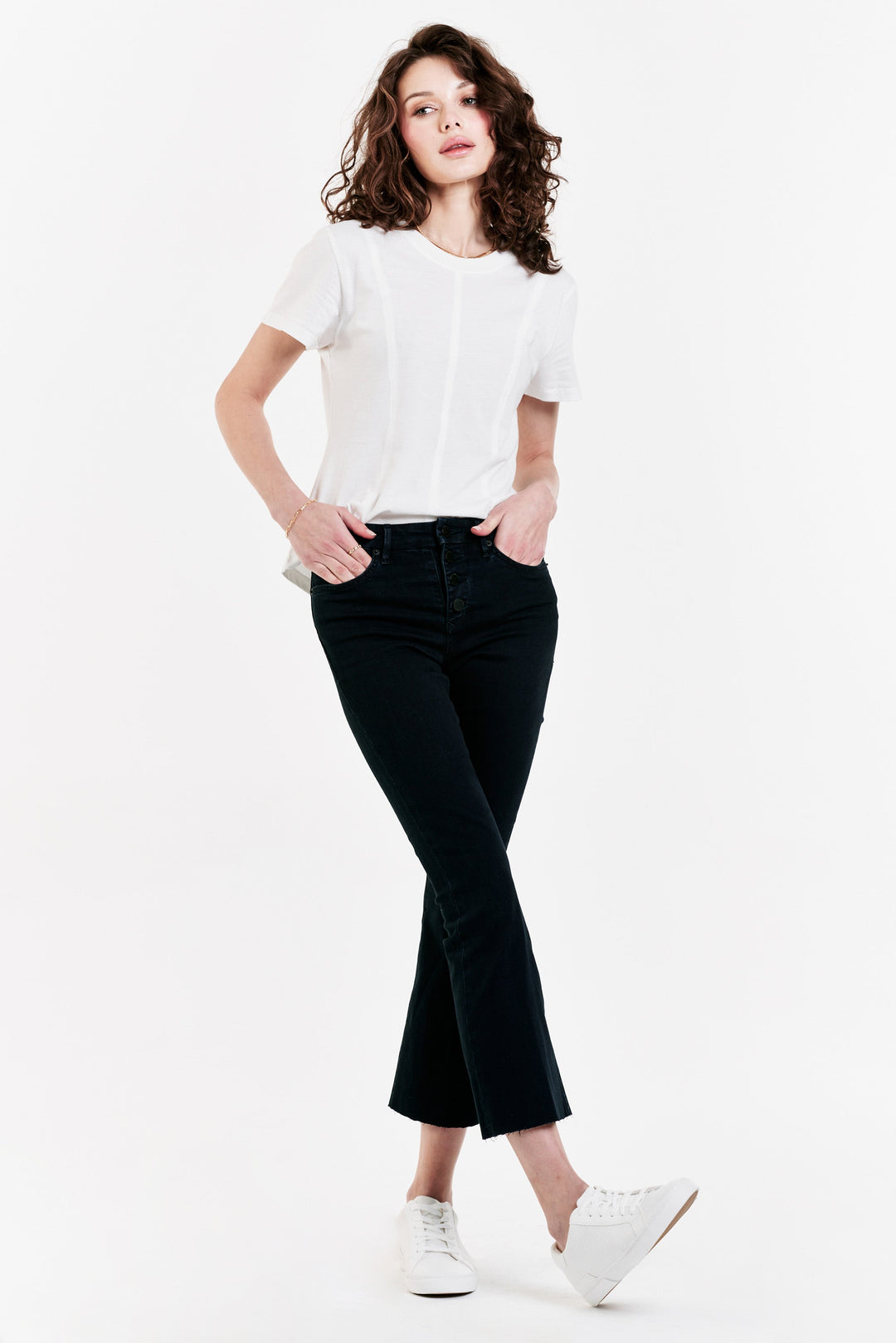 image of a female model wearing a JEANNE SUPER HIGH RISE CROPPED FLARE JEANS YORKVILLE JEANS