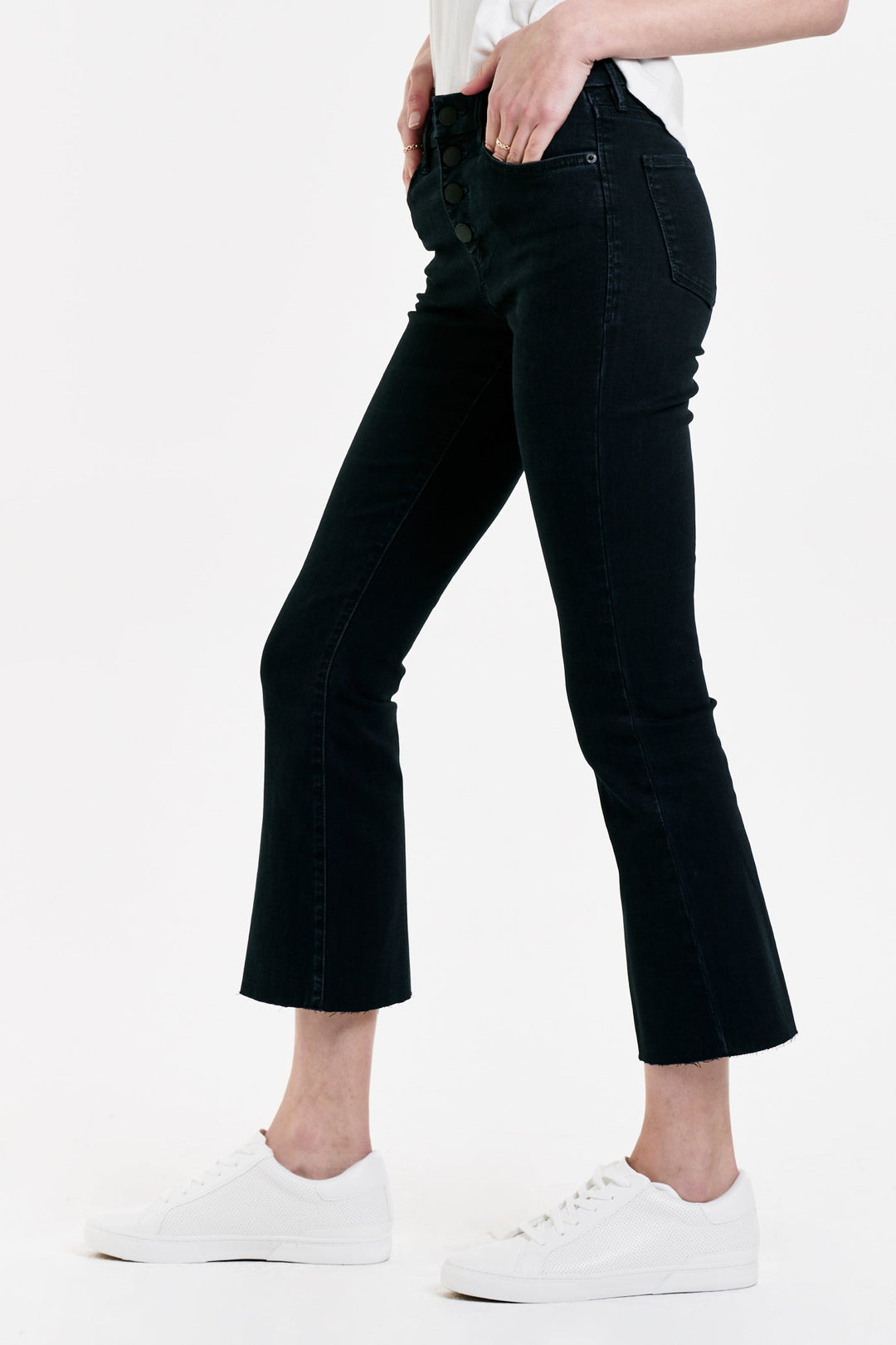 image of a female model wearing a JEANNE SUPER HIGH RISE CROPPED FLARE JEANS YORKVILLE DEAR JOHN DENIM 