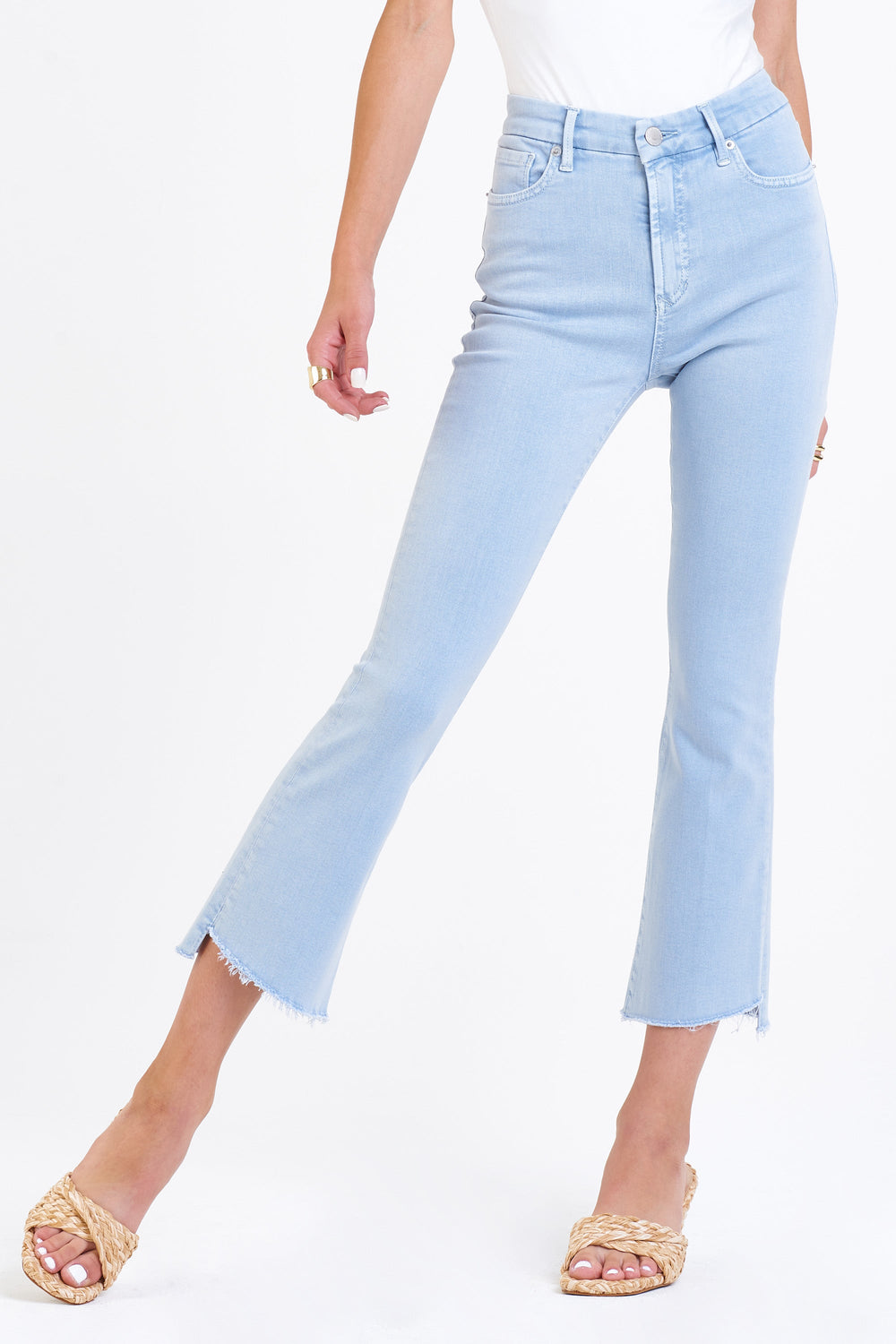 image of a female model wearing a JEANNE SUPER HIGH RISE CROPPED FLARE JEANS SKY DEAR JOHN DENIM 