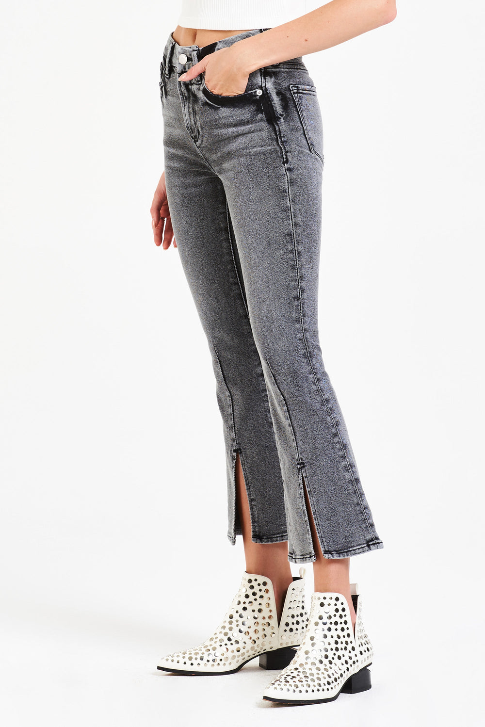 image of a female model wearing a JEANNE SUPER HIGH RISE CROPPED FLARE LEG JEANS STANFORD JEANS