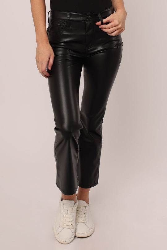 image of a female model wearing a JEANNE SUPER HIGH RISE CROPPED FLARE PANTS BLACK VEGAN LEATHER DEAR JOHN DENIM 