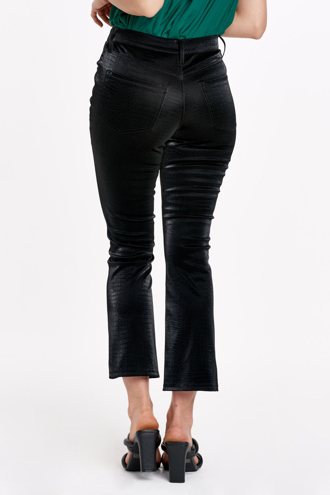 image of a female model wearing a JEANNE SUPER HIGH RISE CROPPED FLARE PANTS BLACK EMBOSSED DEAR JOHN DENIM 