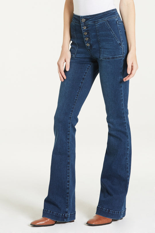 image of a female model wearing a SADIE HIGH RISE FLARE WEST POINT JEANS DEAR JOHN DENIM 