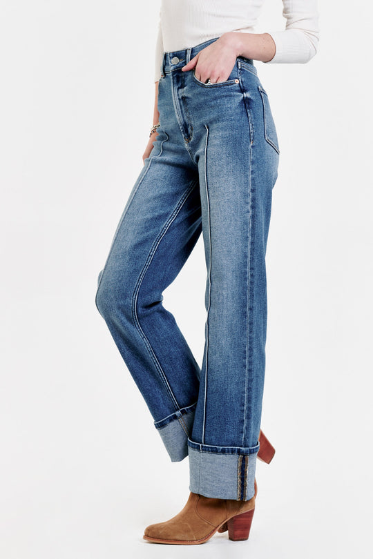image of a female model wearing a HOLLY SUPER HIGH RISE CUFFED STRAIGHT JEANS JUSTICE JEANS