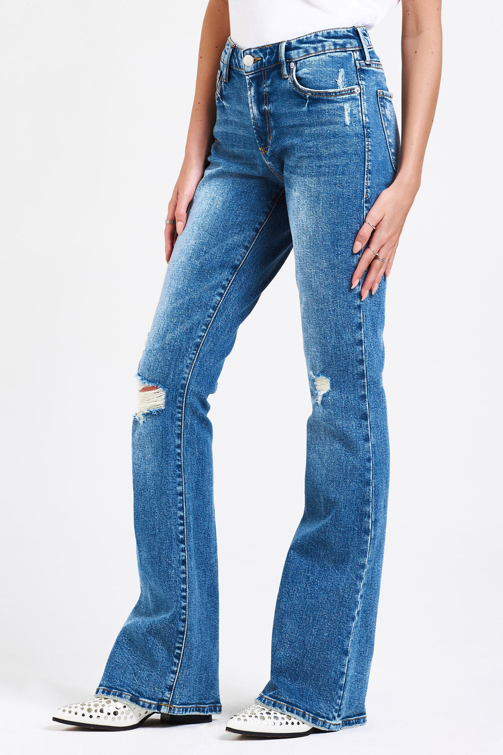 image of a female model wearing a ROSA HIGH RISE FLARE JEANS FOUNTAIN DEAR JOHN DENIM 