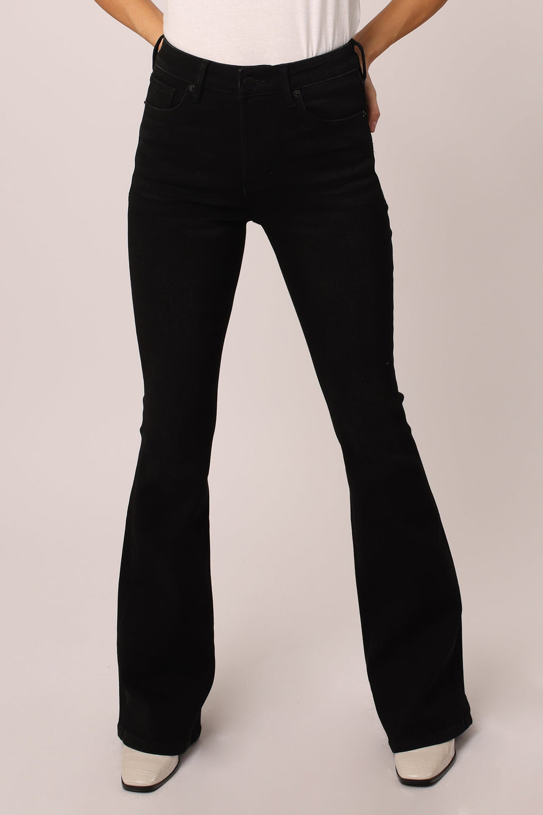 image of a female model wearing a LANEY HIGH RISE FLARE LEG JEANS BLACKWELL JEANS