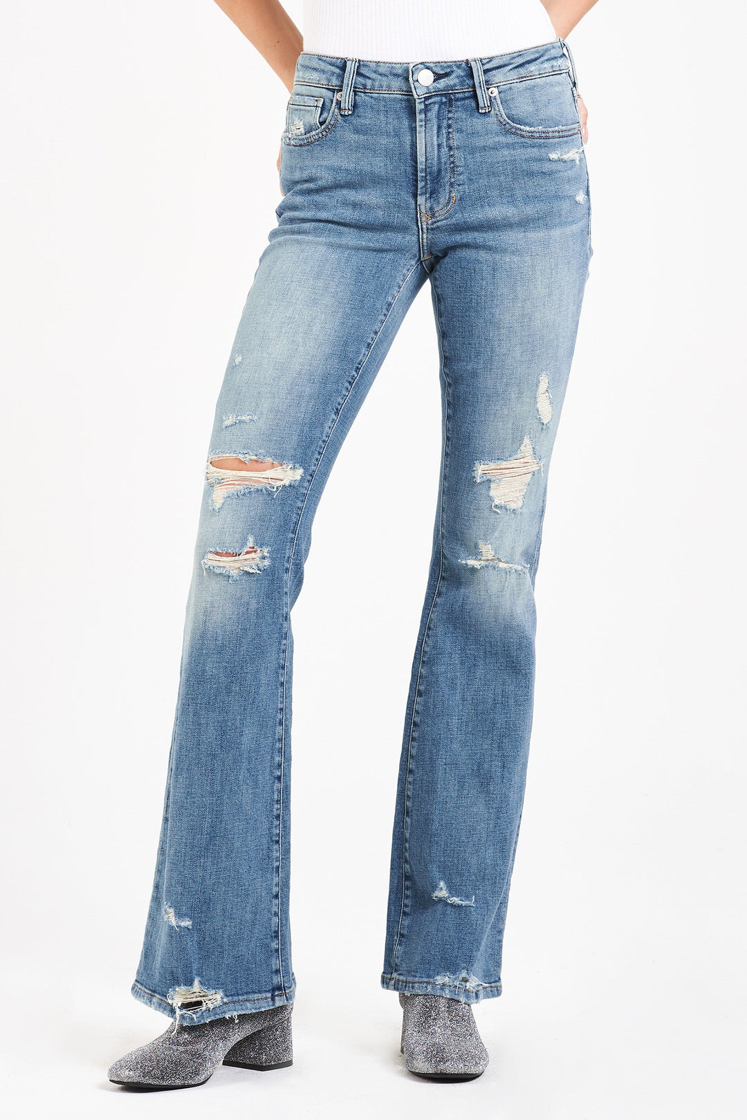 image of a female model wearing a ROSA HIGH RISE FLARE LEG JEANS ELM GROVE JEANS