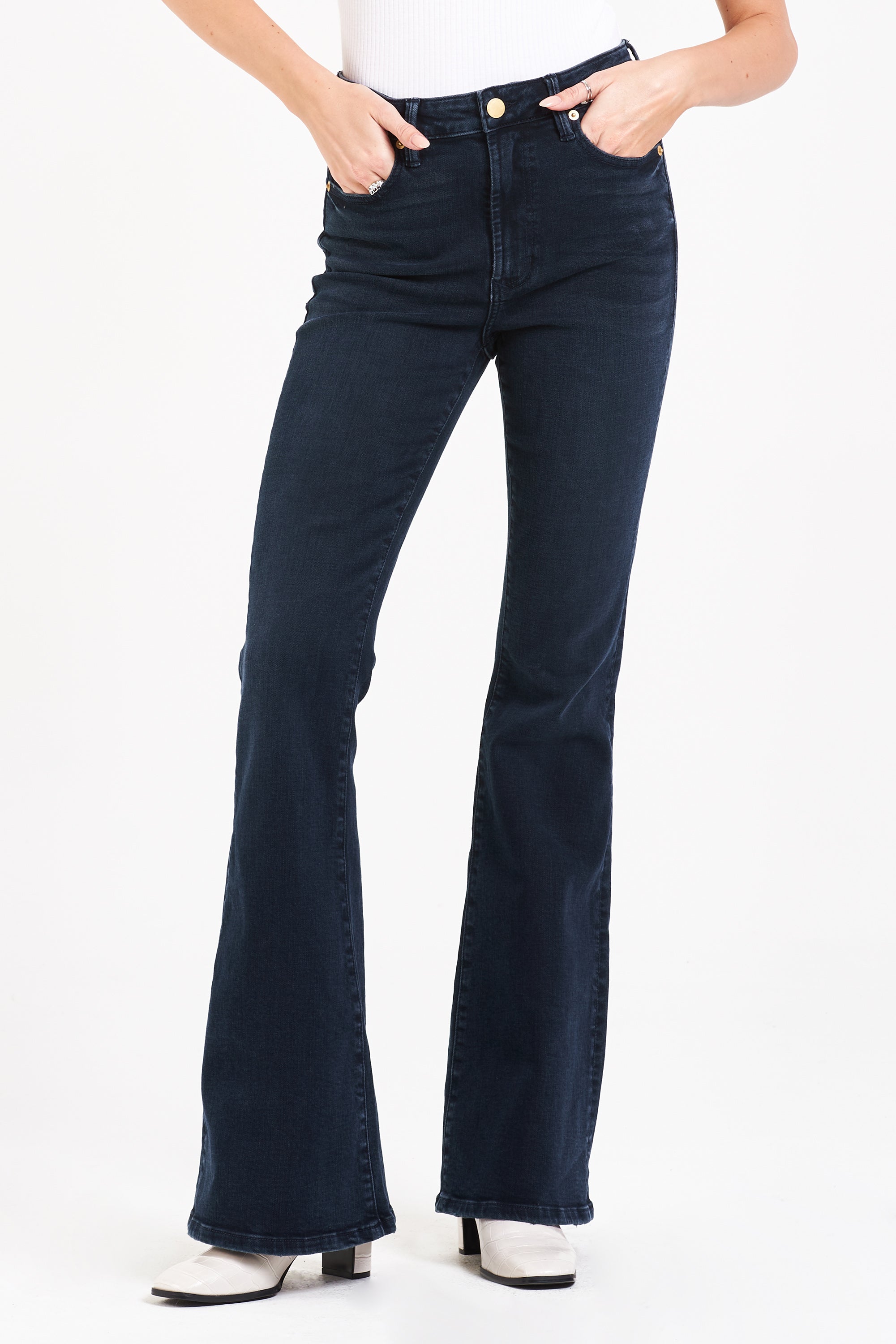 image of a female model wearing a LANEY HIGH RISE FLARE JEANS WONDERLAND DEAR JOHN DENIM 