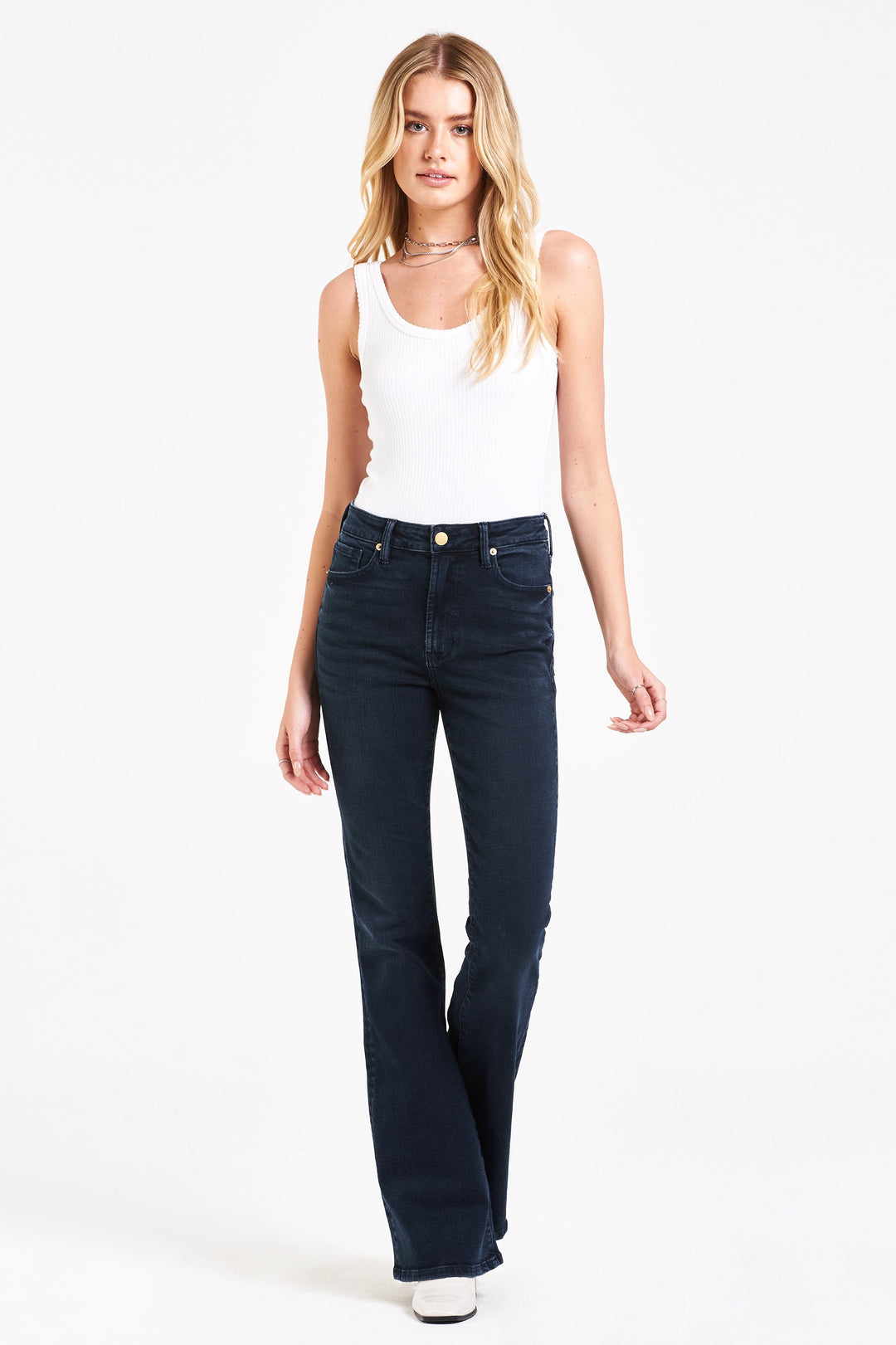 image of a female model wearing a LANEY HIGH RISE FLARE JEANS WONDERLAND JEANS