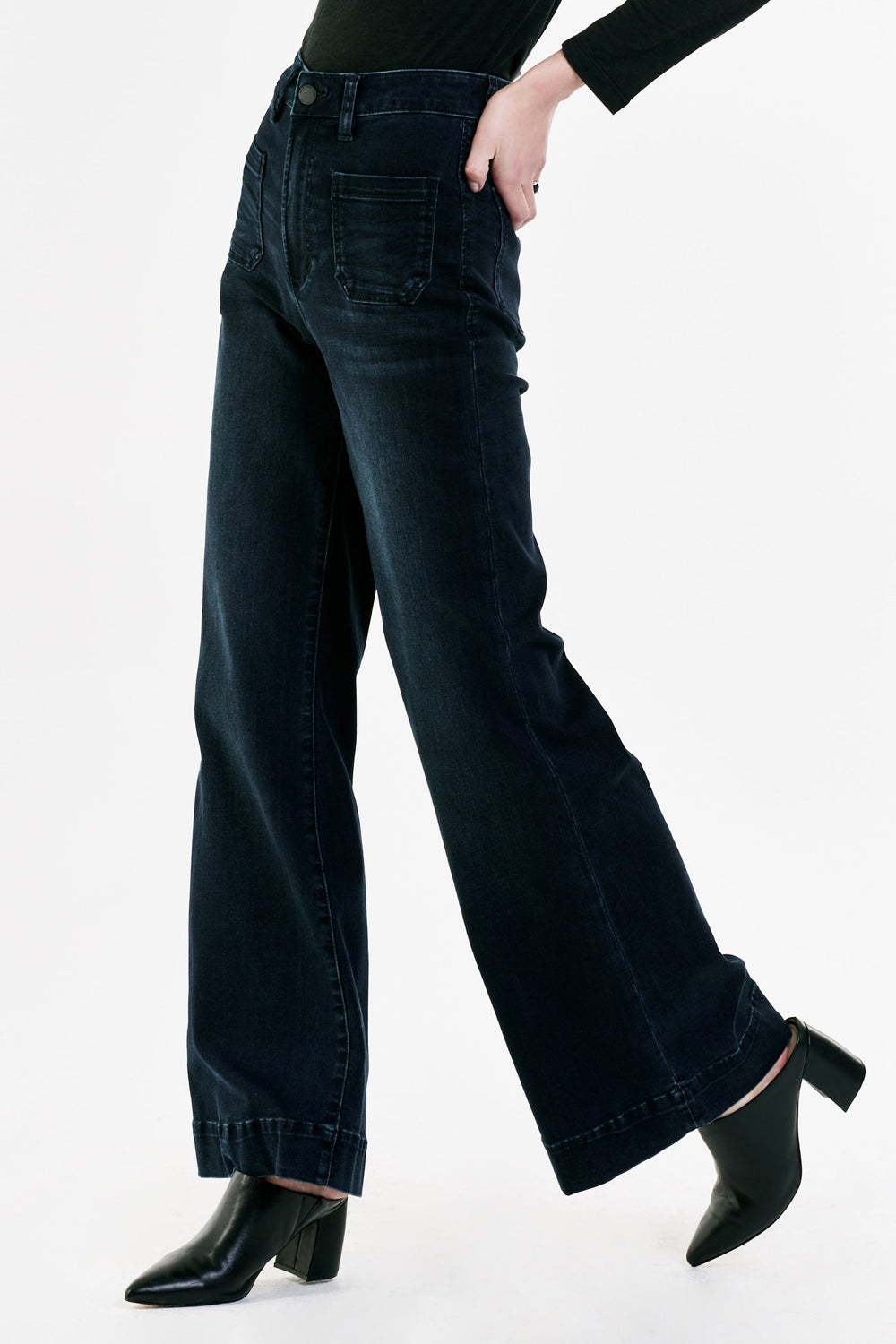 image of a female model wearing a FIONA SUPER HIGH RISE WIDE LEG JEANS CONFESSION DEAR JOHN DENIM 