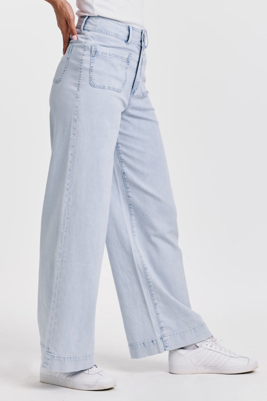 image of a female model wearing a AUDREY SUPER HIGH RISE WIDE LEG JEANS ARTHLOW DEAR JOHN DENIM 