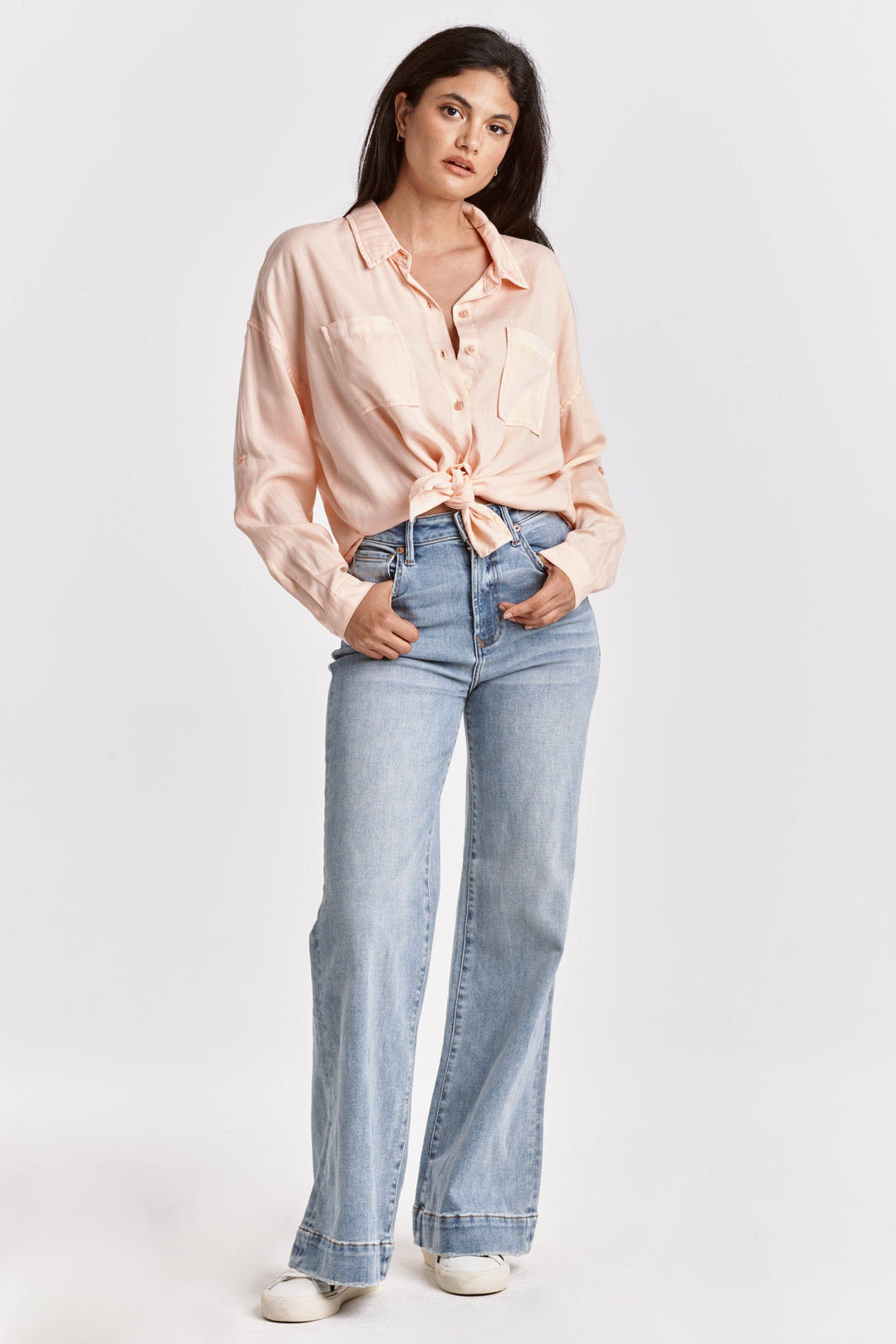 Fiona High Waisted Bell Bottom Flare Jeans - Pink