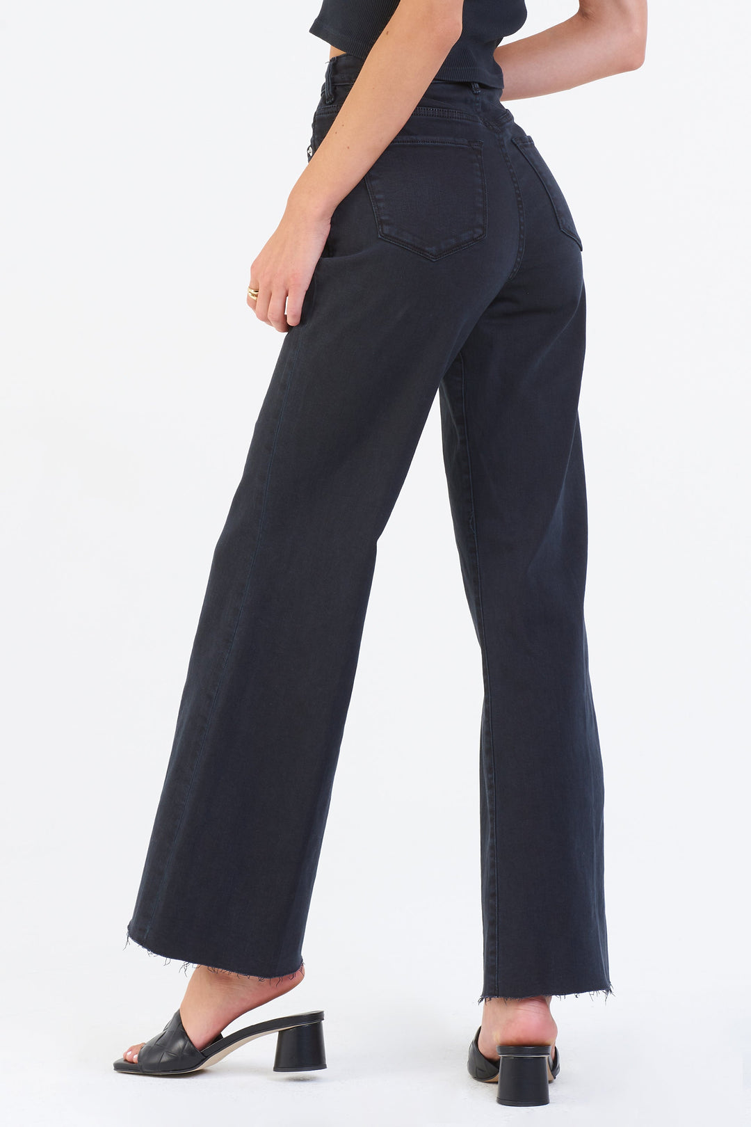 image of a female model wearing a FIONA SUPER HIGH RISE WIDE LEG JEANS BLACK JEANS