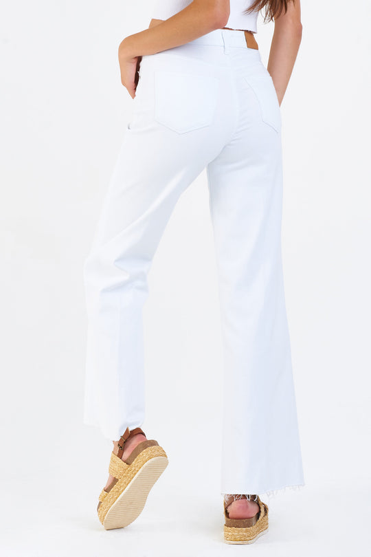 image of a female model wearing a FIONA SUPER HIGH RISE WIDE LEG JEANS OPTIC WHITE JEANS