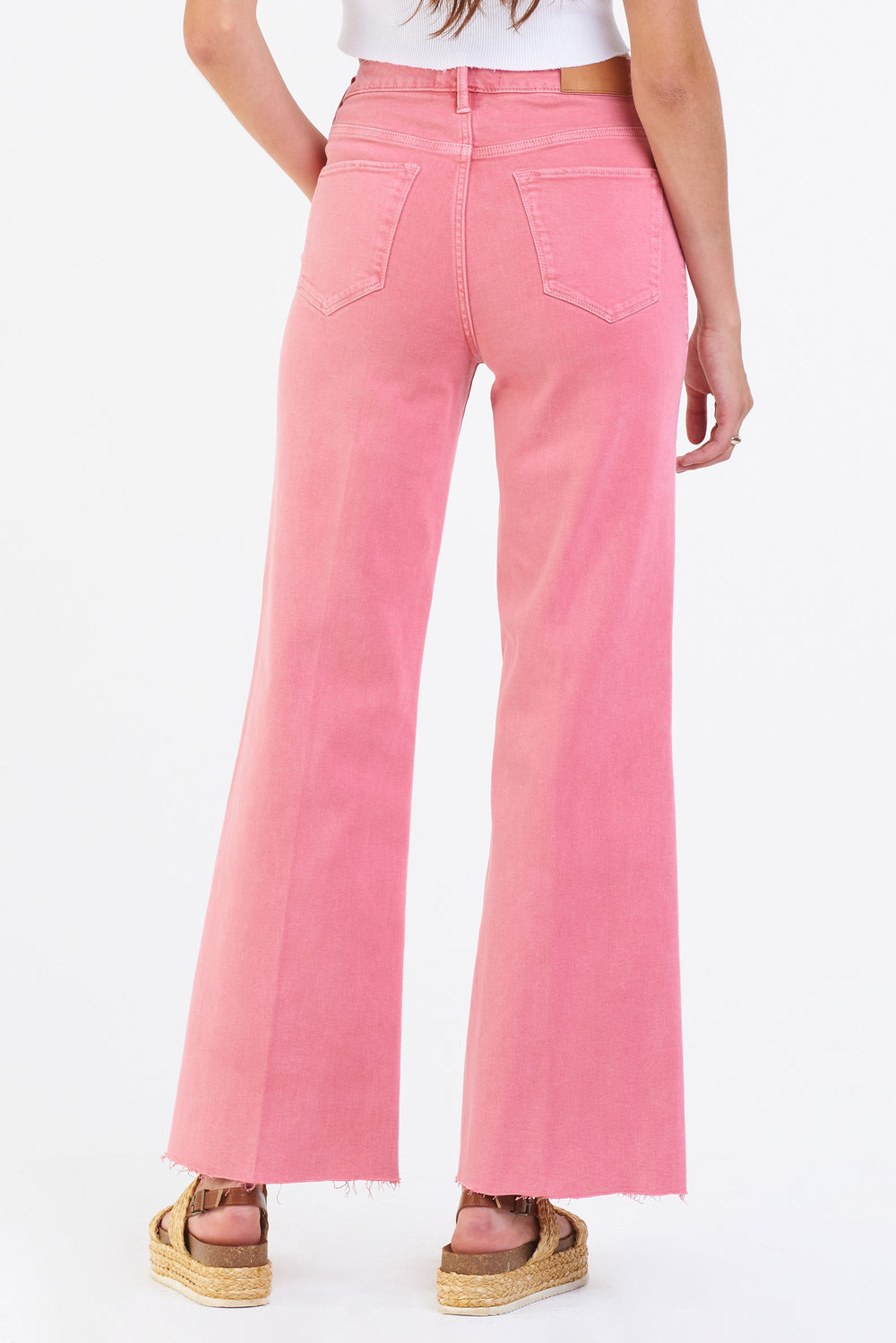 image of a female model wearing a FIONA SUPER HIGH RISE WIDE LEG JEANS RASPBERRY SORBET JEANS
