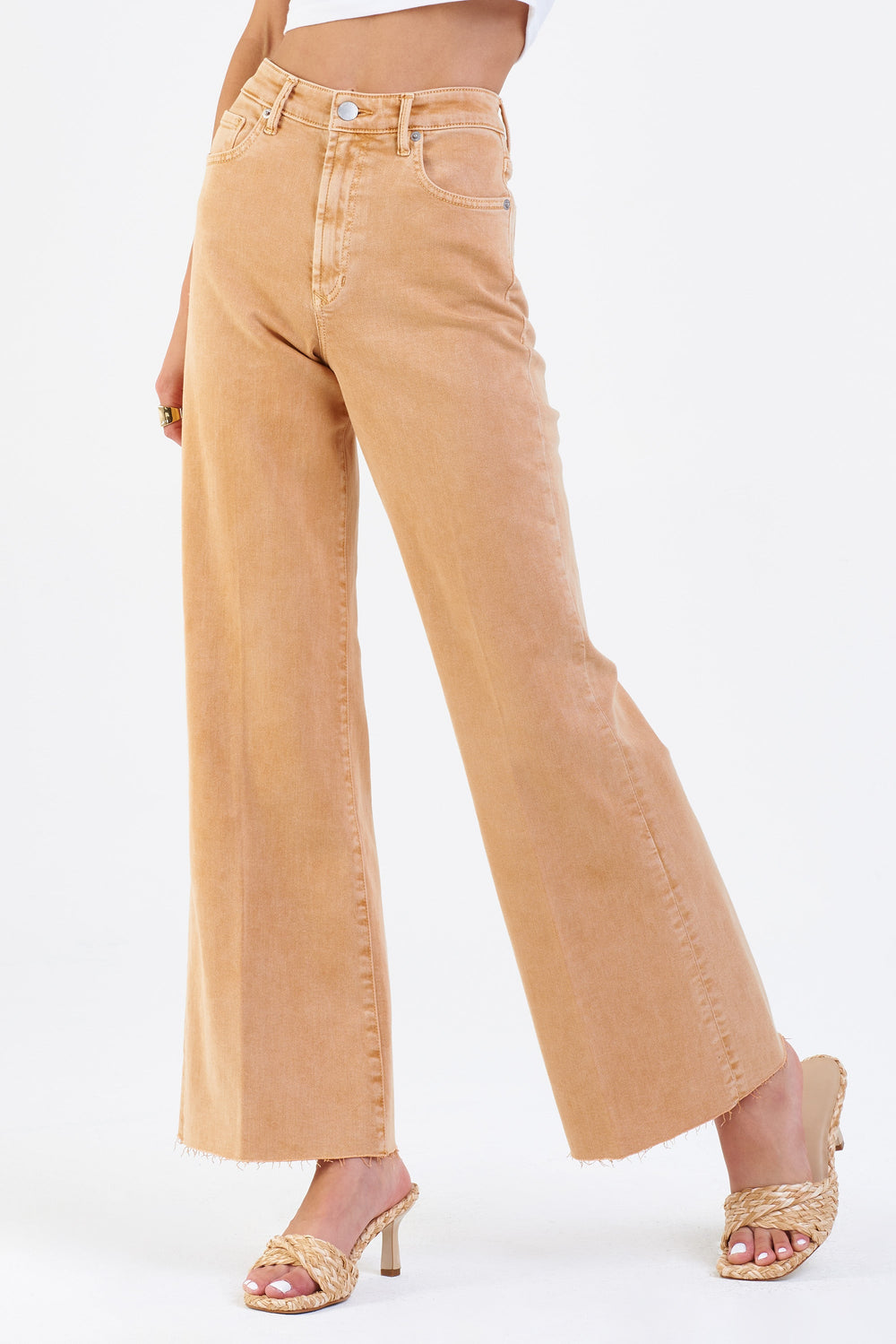 image of a female model wearing a FIONA SUPER HIGH RISE WIDE LEG JEANS SUNFLOWER JEANS