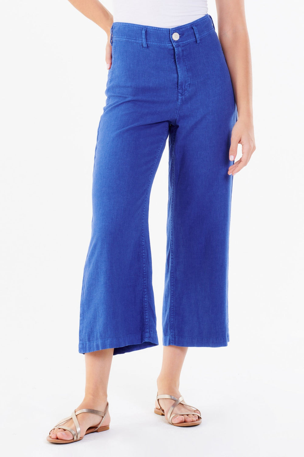 image of a female model wearing a AUDREY SUPER HIGH RISE CROPPED WIDE LEG PANTS COBALT DEAR JOHN DENIM 