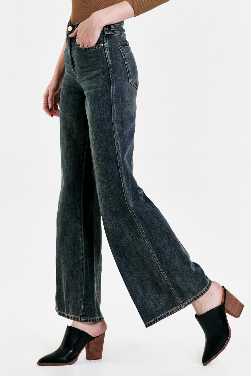 image of a female model wearing a FIONA SUPER HIGH RISE WIDE LEG JEANS BORDEOUX JEANS
