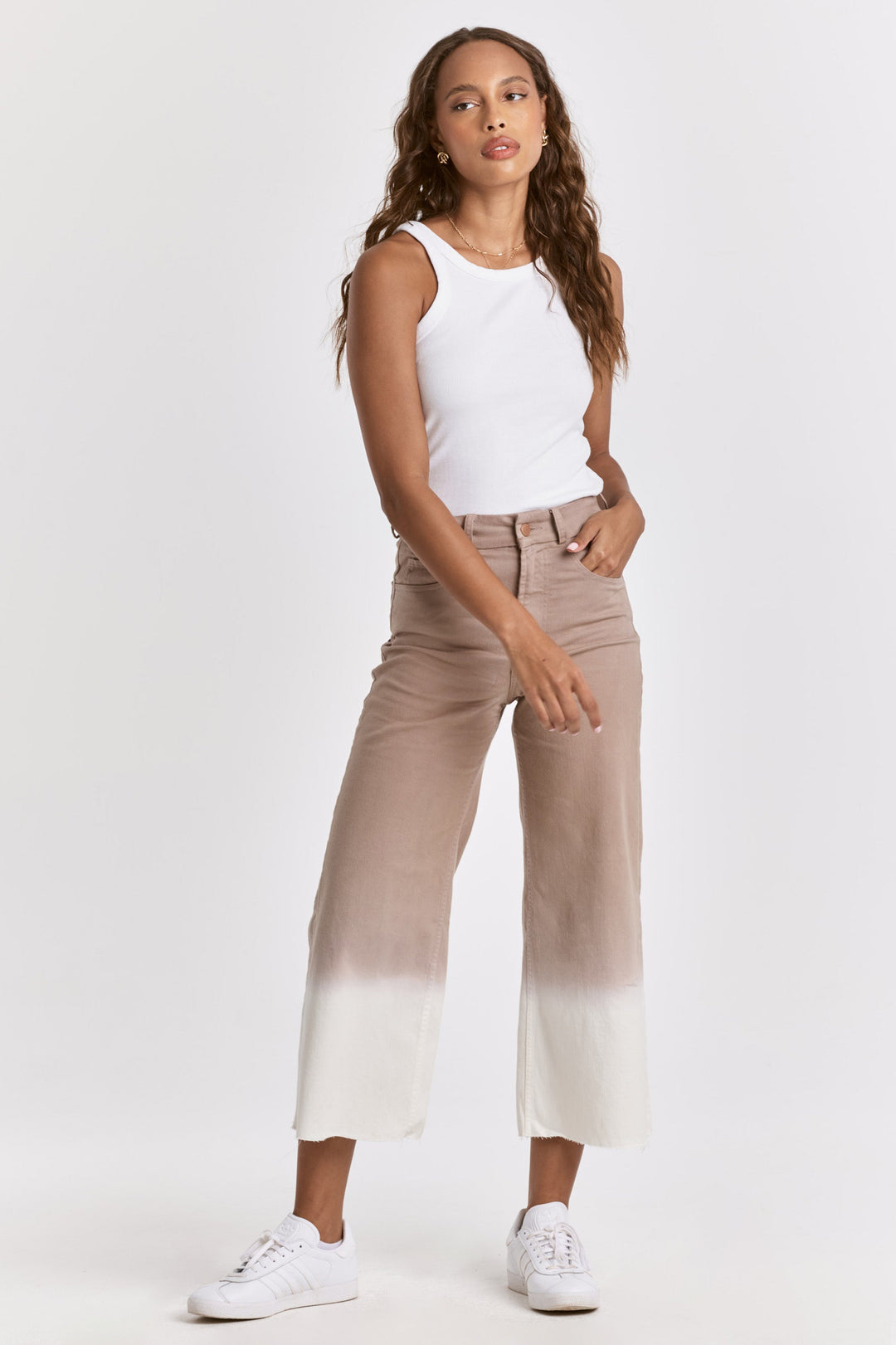 image of a female model wearing a AUDREY SUPER HIGH RISE CROPPED WIDE LEG OMBRE JEANS SILVERMOON DEAR JOHN DENIM 