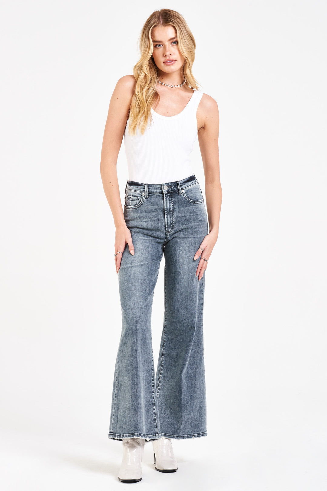 image of a female model wearing a FIONA SUPER HIGH RISE WIDE LEG JEANS EAST FAIRFAX JEANS