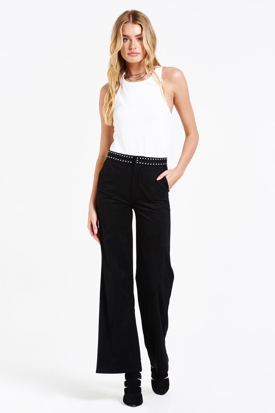 image of a female model wearing a FIONA SUPER HIGH RISE WIDE LEG PANTS BLACK SUEDE PANTS