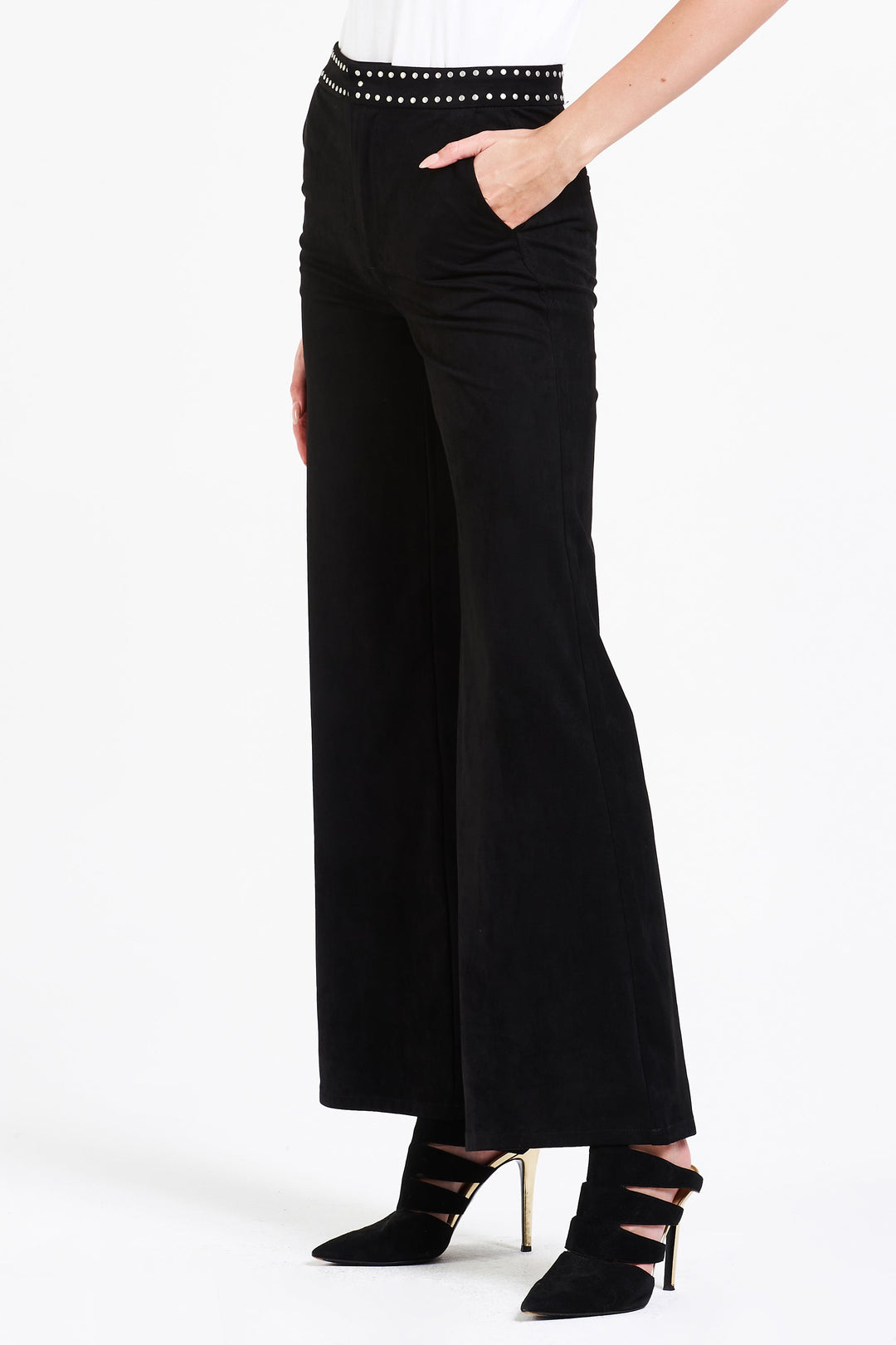 image of a female model wearing a FIONA SUPER HIGH RISE WIDE LEG PANTS BLACK SUEDE DEAR JOHN DENIM 