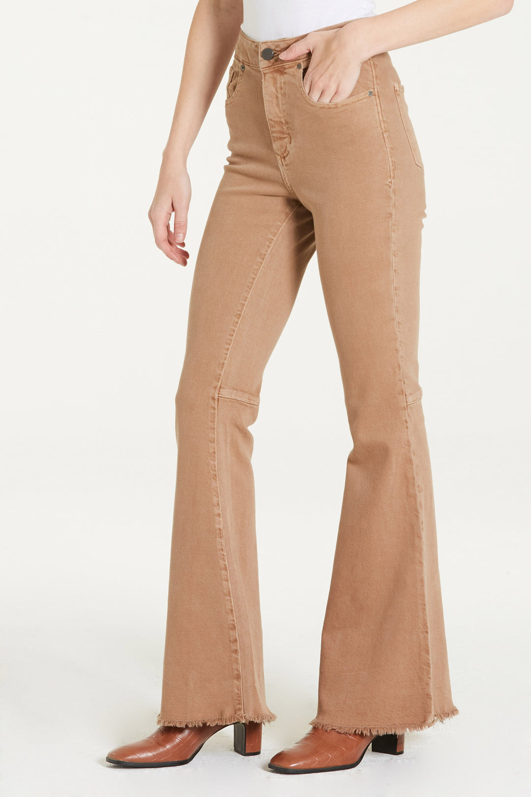 image of a female model wearing a VIVIAN SUPER HIGH RISE SUPER FLARE HAZELNUT JEANS DEAR JOHN DENIM 